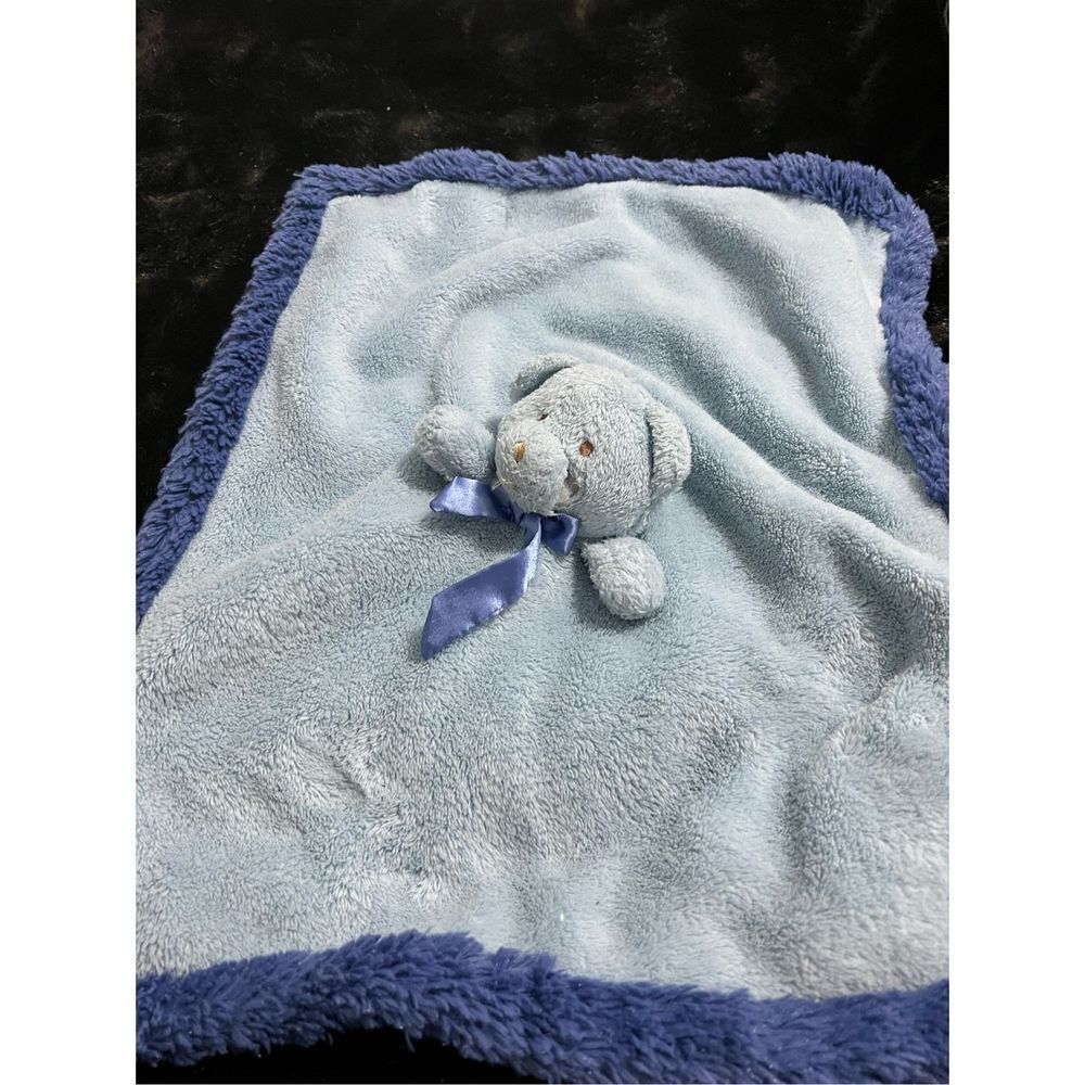Blankets & Beyond blue teddy bear baby security blanket‎ lovey dark fuzzy trim